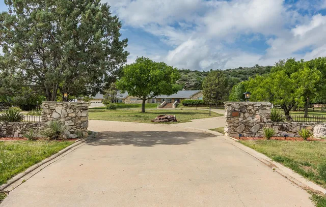 a view of a park with large trees