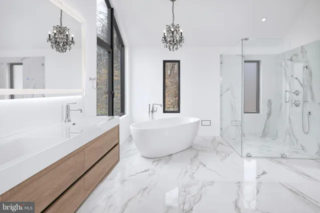 a bathroom with a bathtub and a shower