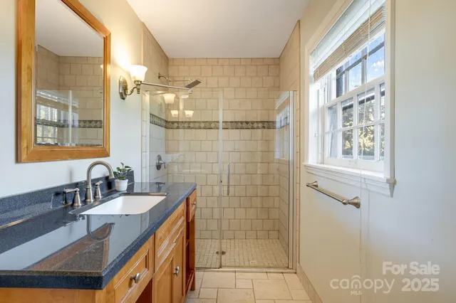 a bathroom with a sink a shower and a mirror