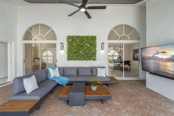 a view of an outdoor sitting area with couch