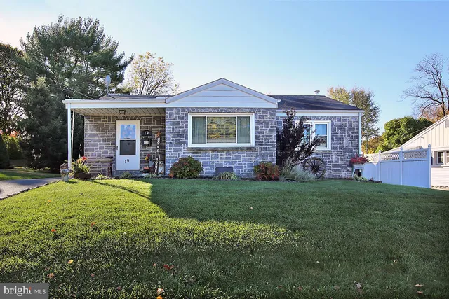 a view of a yard in front of a house with plants and large tree
