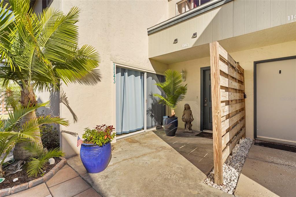 a potted plant sitting in front of a house