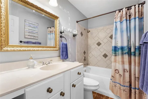a bathroom with a sink a toilet and shower curtain