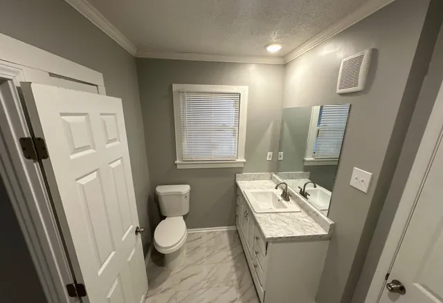 a bathroom with a granite countertop sink toilet and shower
