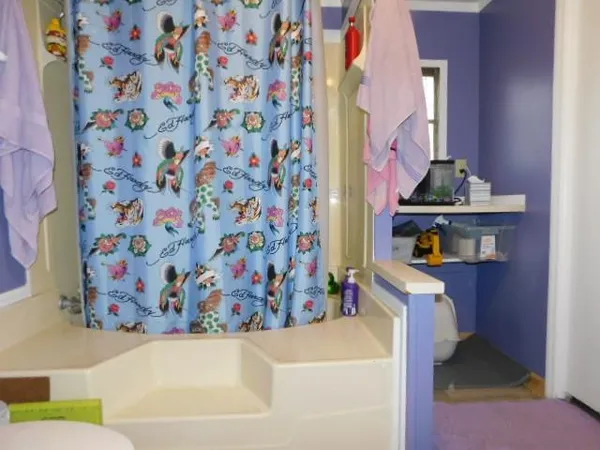 a bathroom with a bathtub and a shower curtain