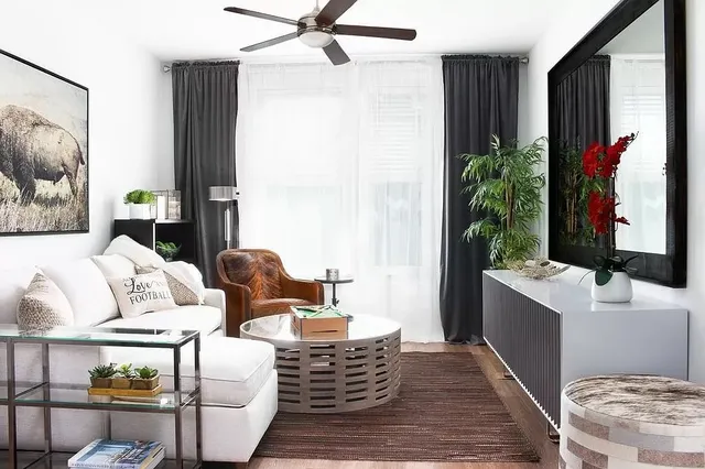 a living room with furniture and a potted plant