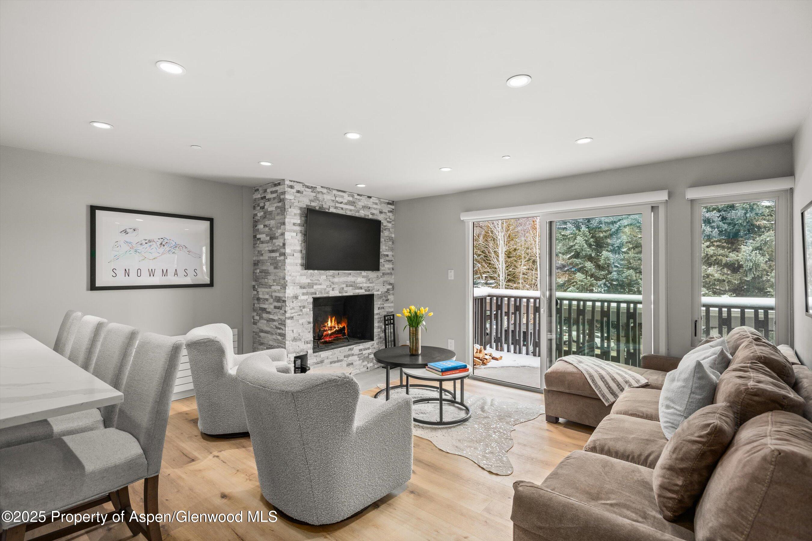 150 Carriage Way, Unit 3 Snowmass Village, CO 81615 - Photo 3 of 12 a living room with furniture and a fireplace