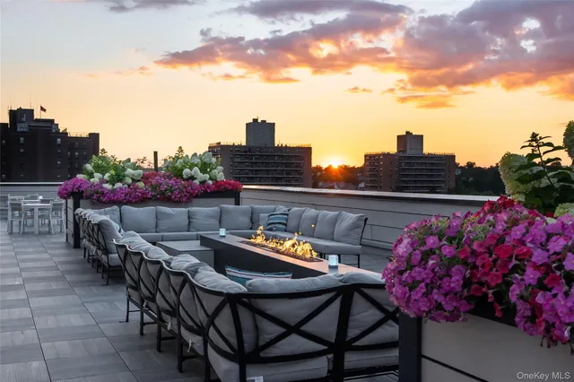 a roof deck with table and chairs and potted plants
