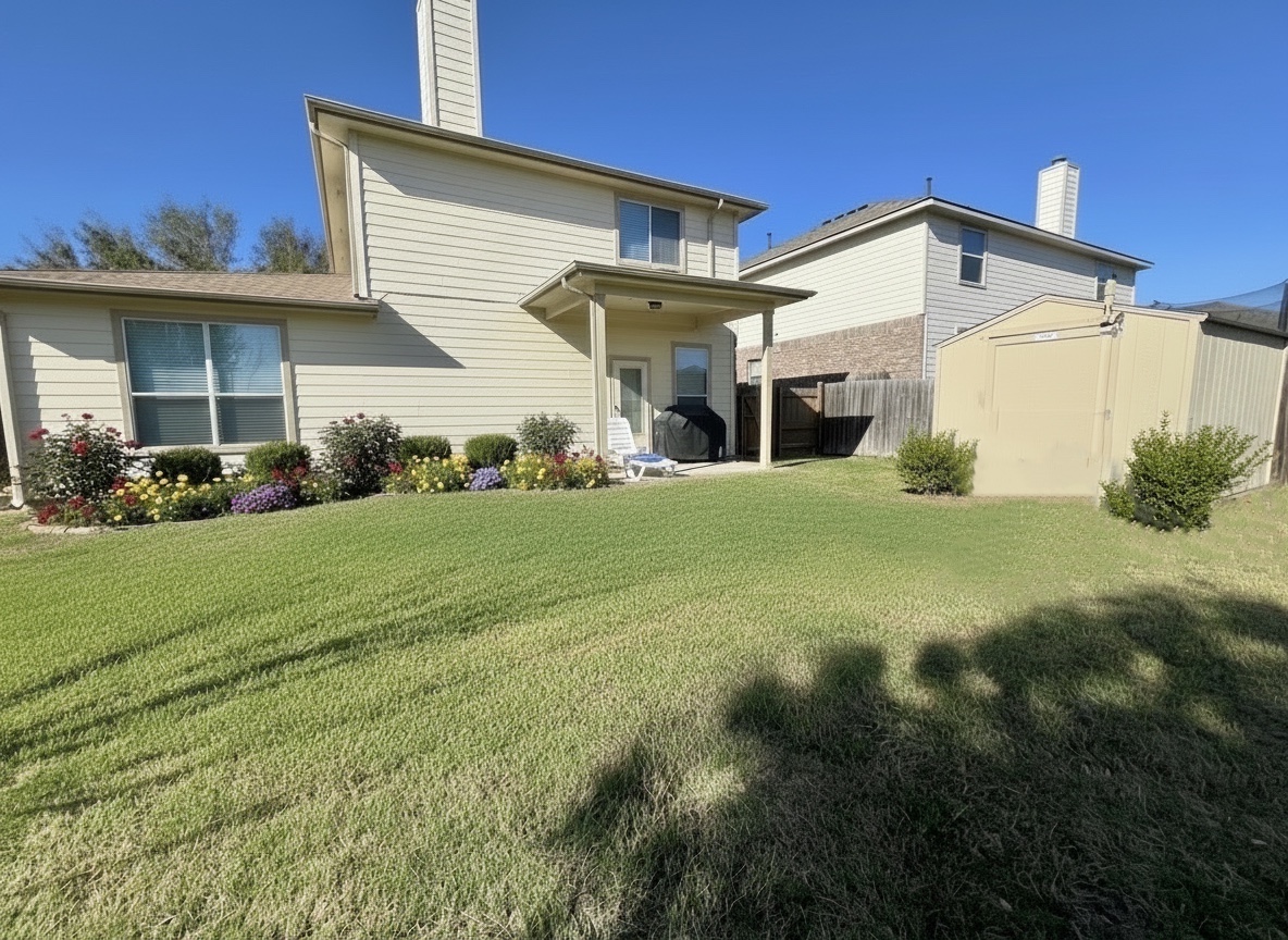 17705 Mahonia Lane Elgin, TX 78621 - Photo 30 of 37 Expansive green lawn with a covered patio area and a separate storage shed-VS with additional plants.
