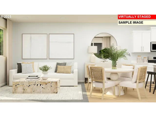 a kitchen with a table chairs refrigerator and microwave