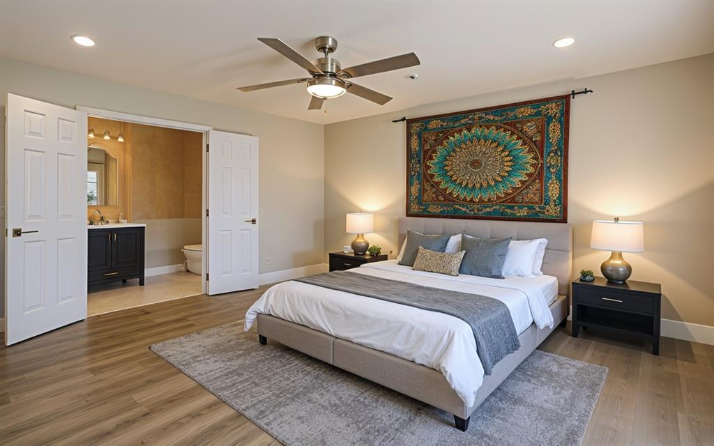 2008 East Peters Colony Road Carrollton, TX 75007 - Photo 18 of 35 a bedroom with a large bed and a chandelier