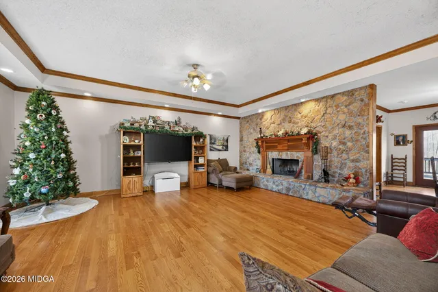 a living room with furniture and a fireplace