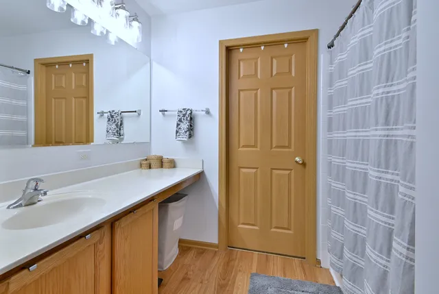 a bathroom with a sink a mirror and a shower
