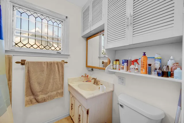 a bathroom with a sink a mirror and a shower curtain