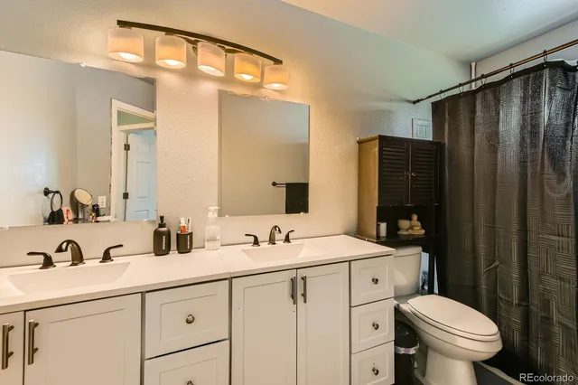 a bathroom with a sink a toilet and mirror