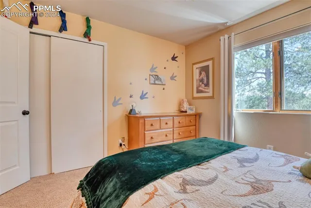 a bedroom with a bed window and dresser
