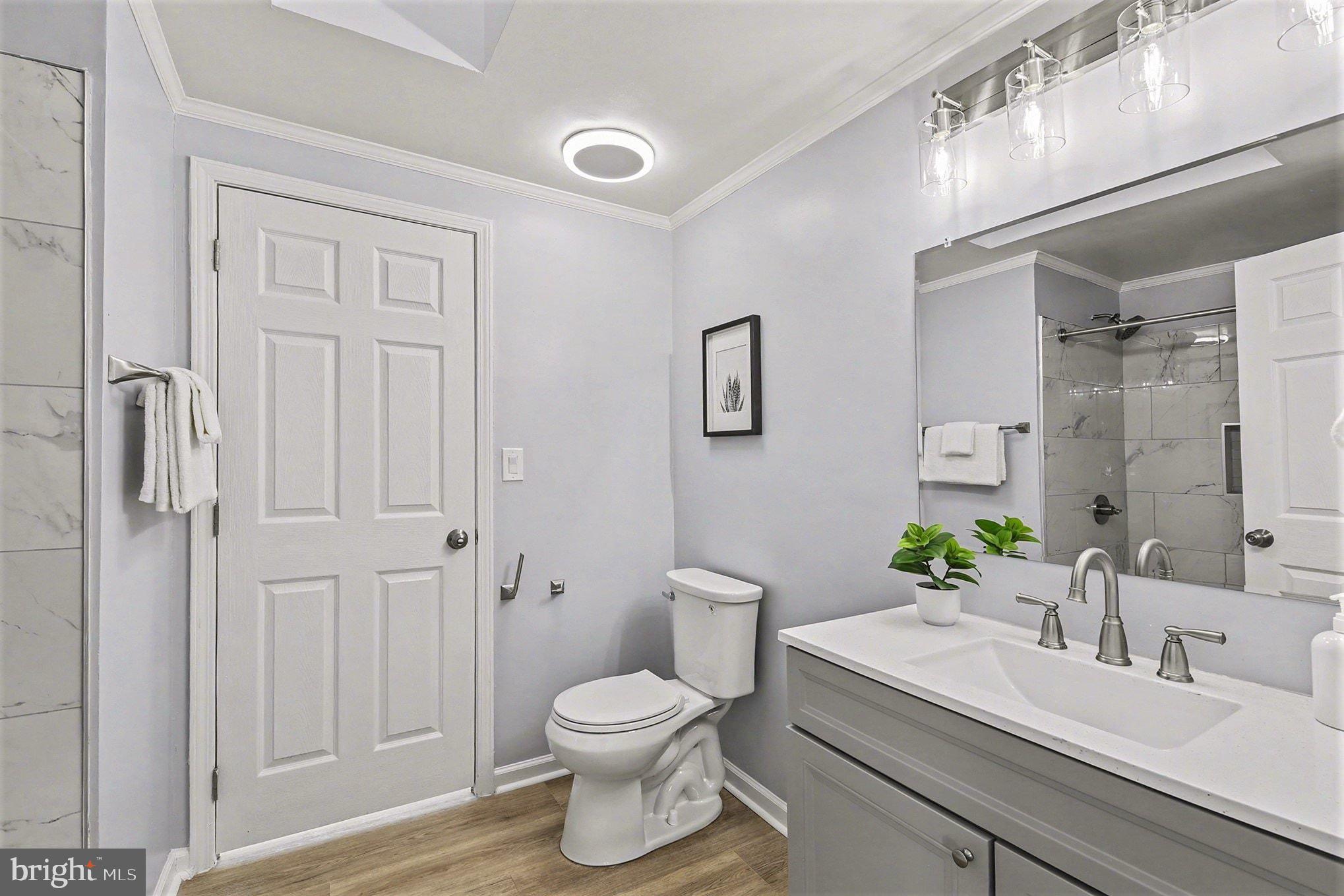 1009 Maple Road Essex, MD 21221 - Photo 18 of 26 a bathroom with a granite countertop toilet a sink a mirror a vanity and shower