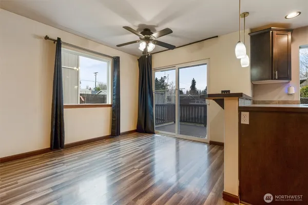 a view of a kitchen from a dining room