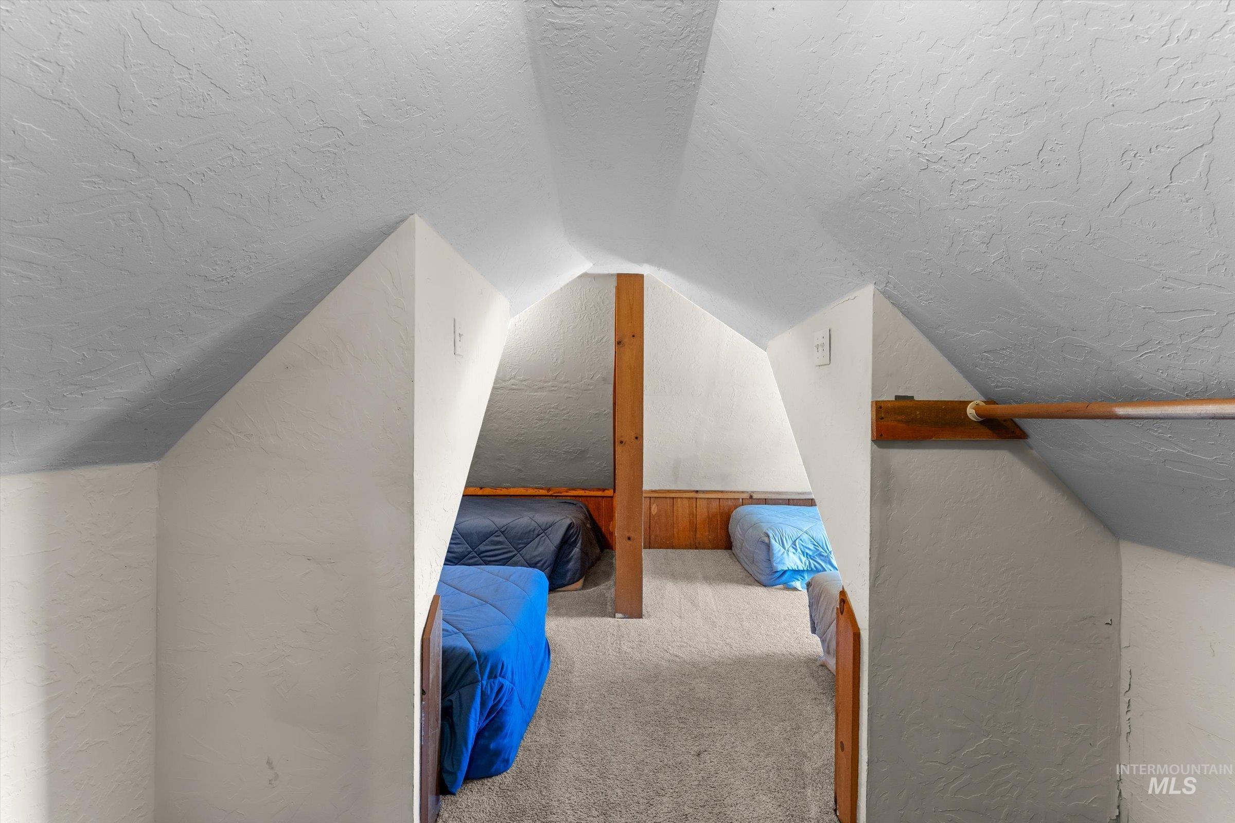 315 South Middlefork Road Garden Valley, ID 83622 - Photo 31 of 49 Bonus room with a textured ceiling, carpet, lofted ceiling, and a textured wall