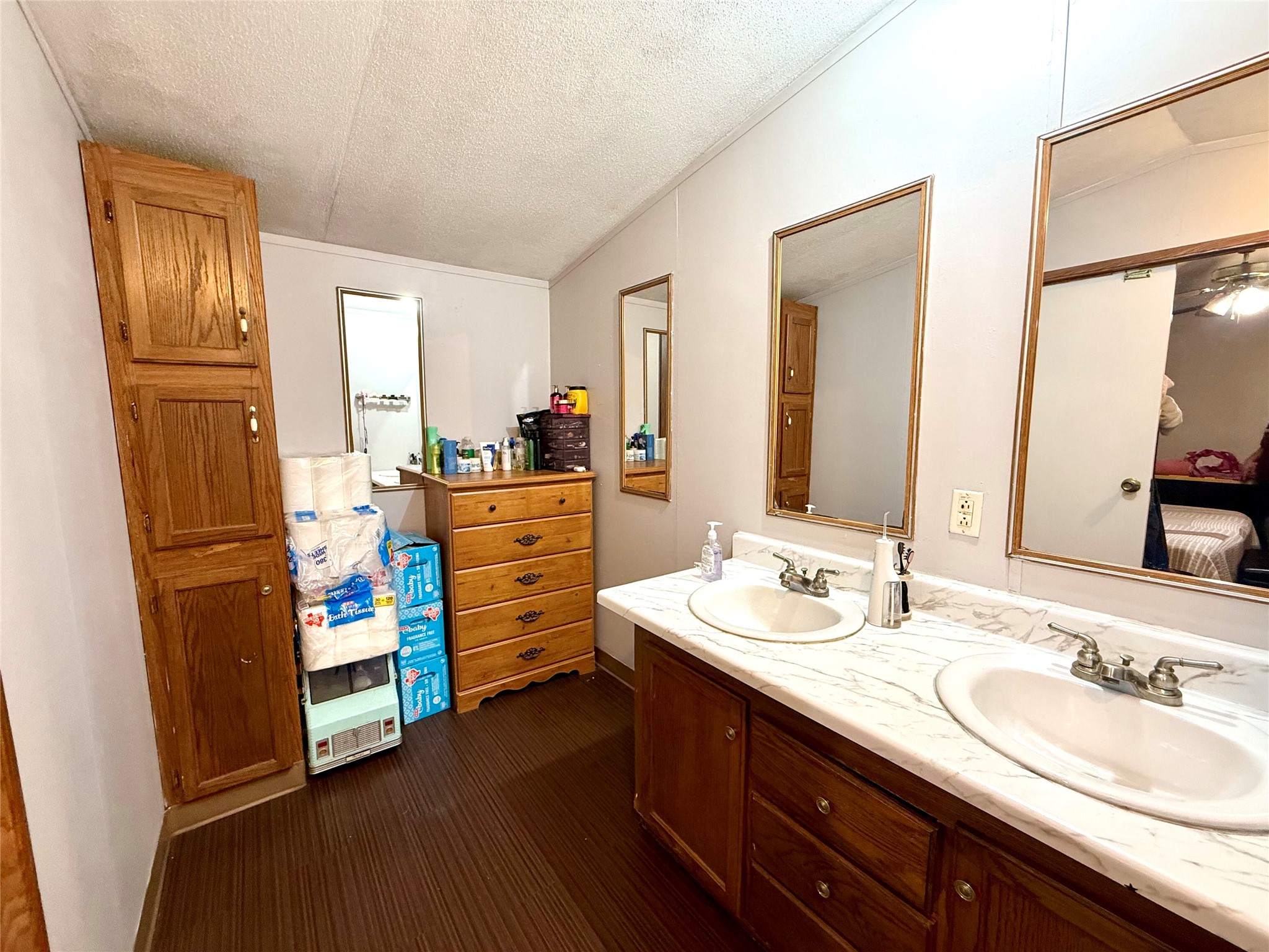 685 Fox Lane Lockhart, TX 78644 - Photo 20 of 39 Ensuite bathroom featuring double vanity, a textured ceiling, vaulted ceiling, and dark wood finished floors