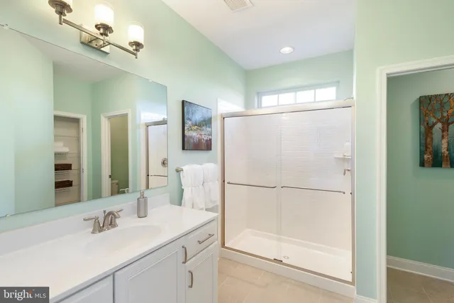 a bathroom with a double vanity sink mirror and shower