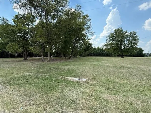 a view of a green field with trees in the background
