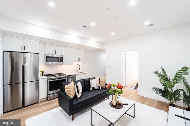 a living room with furniture potted plant and stainless steel appliances