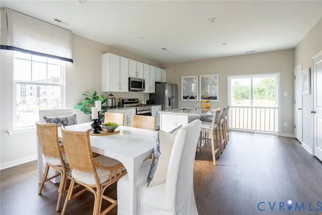 a view of a dining room with furniture a potted plant and wooden floor