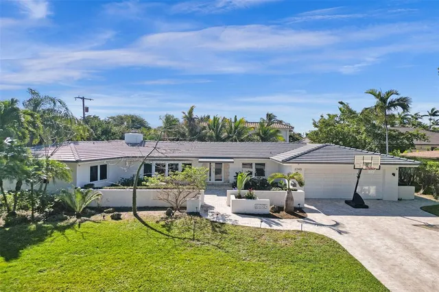 an aerial view of a house with swimming pool garden and patio