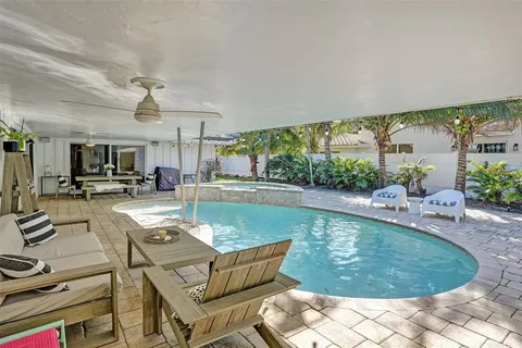 a view of a swimming pool with seating area