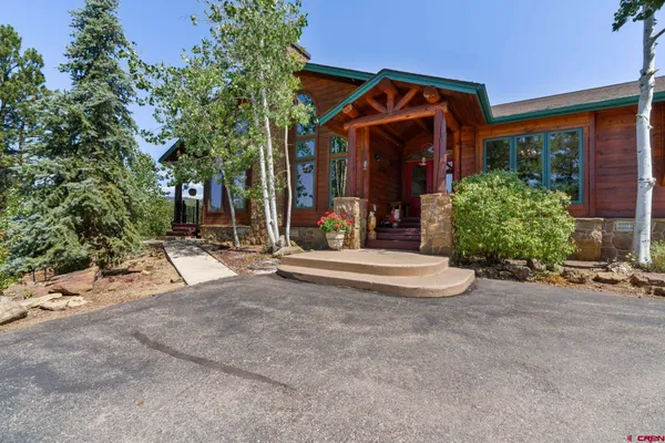 front view of a house with a patio