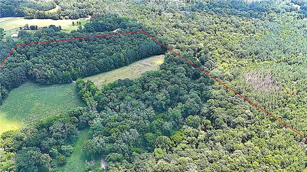 an aerial view of a house with a lush green forest