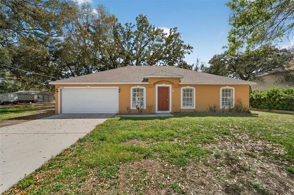 a view of a yard in front of a house with large trees