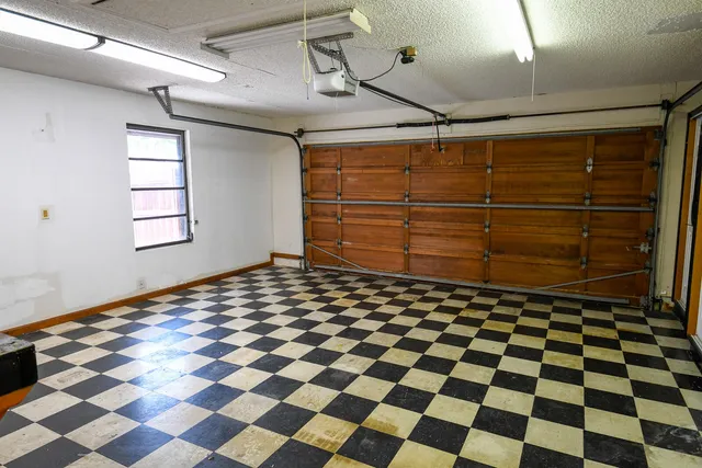 a view of a black and white checkered floor