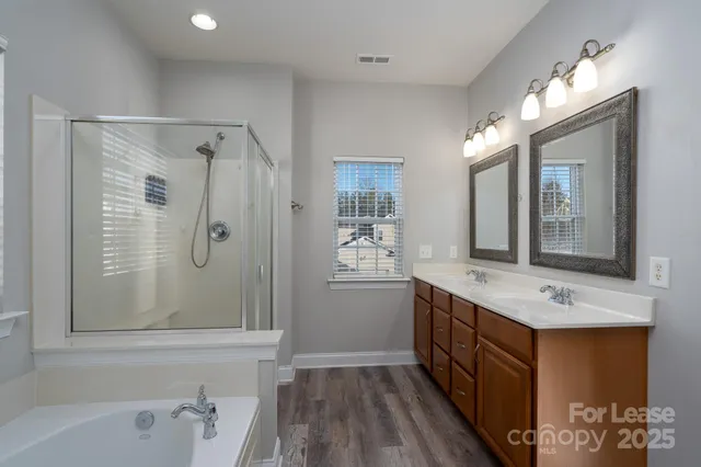 a bathroom with a double vanity sink a mirror a shower and a bathtub