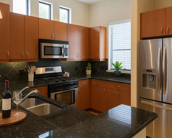 a kitchen with stainless steel appliances granite countertop a refrigerator and a stove