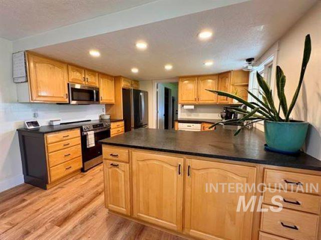 3197 Neeley Road American Falls, ID 83211 - Photo 5 of 45 Spacious kitchen featuring an expansive island, wood-finish flooring, recessed lighting, ample wood cabinetry, and stainless steel appliances