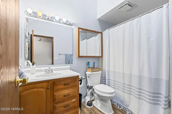 a bathroom with a sink a toilet and shower curtain