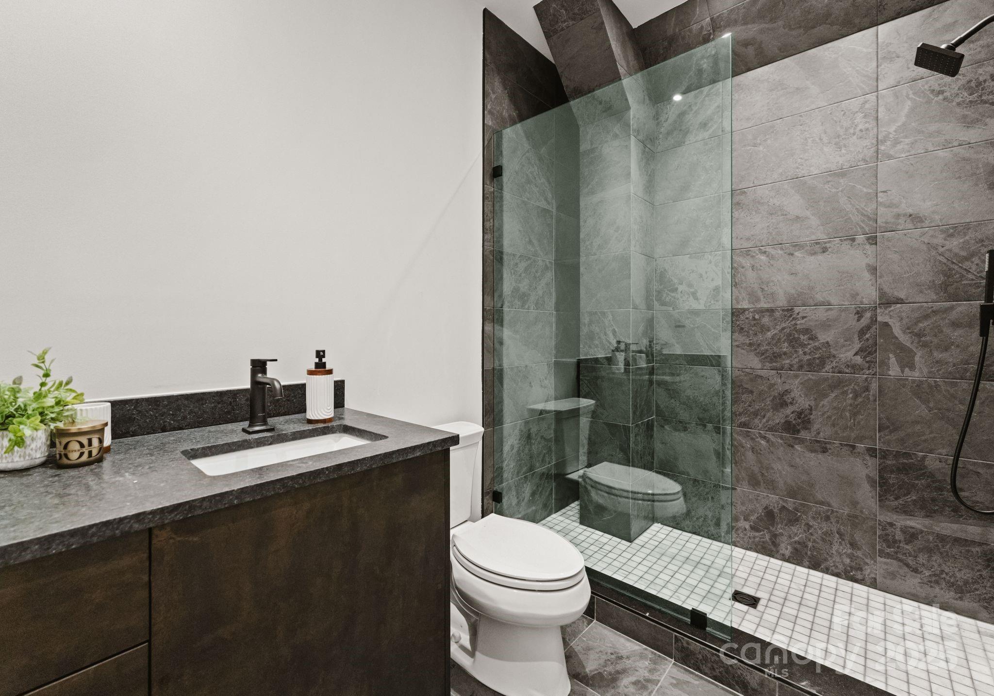 421 Marsh Road, Unit 102 Charlotte, NC 28209 - Photo 18 of 23 a bathroom with a granite countertop sink a toilet and shower