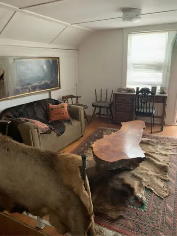 a view of a hallway with wooden floor and furniture
