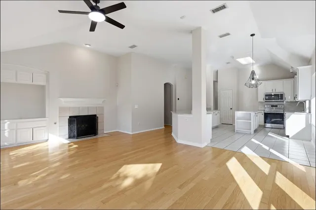 a view of a livingroom with a fireplace