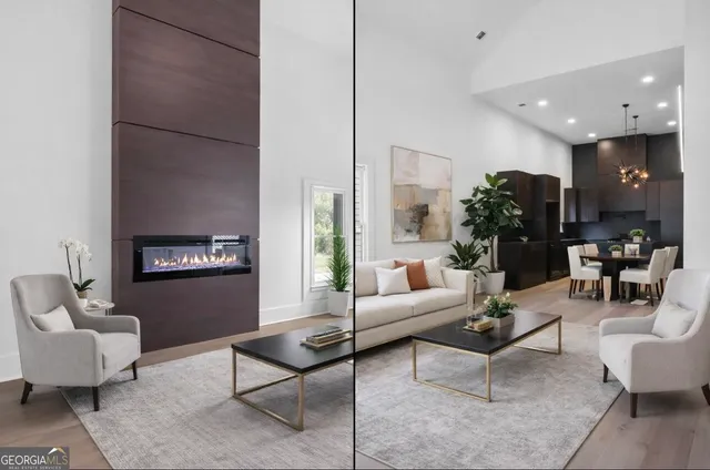 a living room with furniture and a painting on the wall