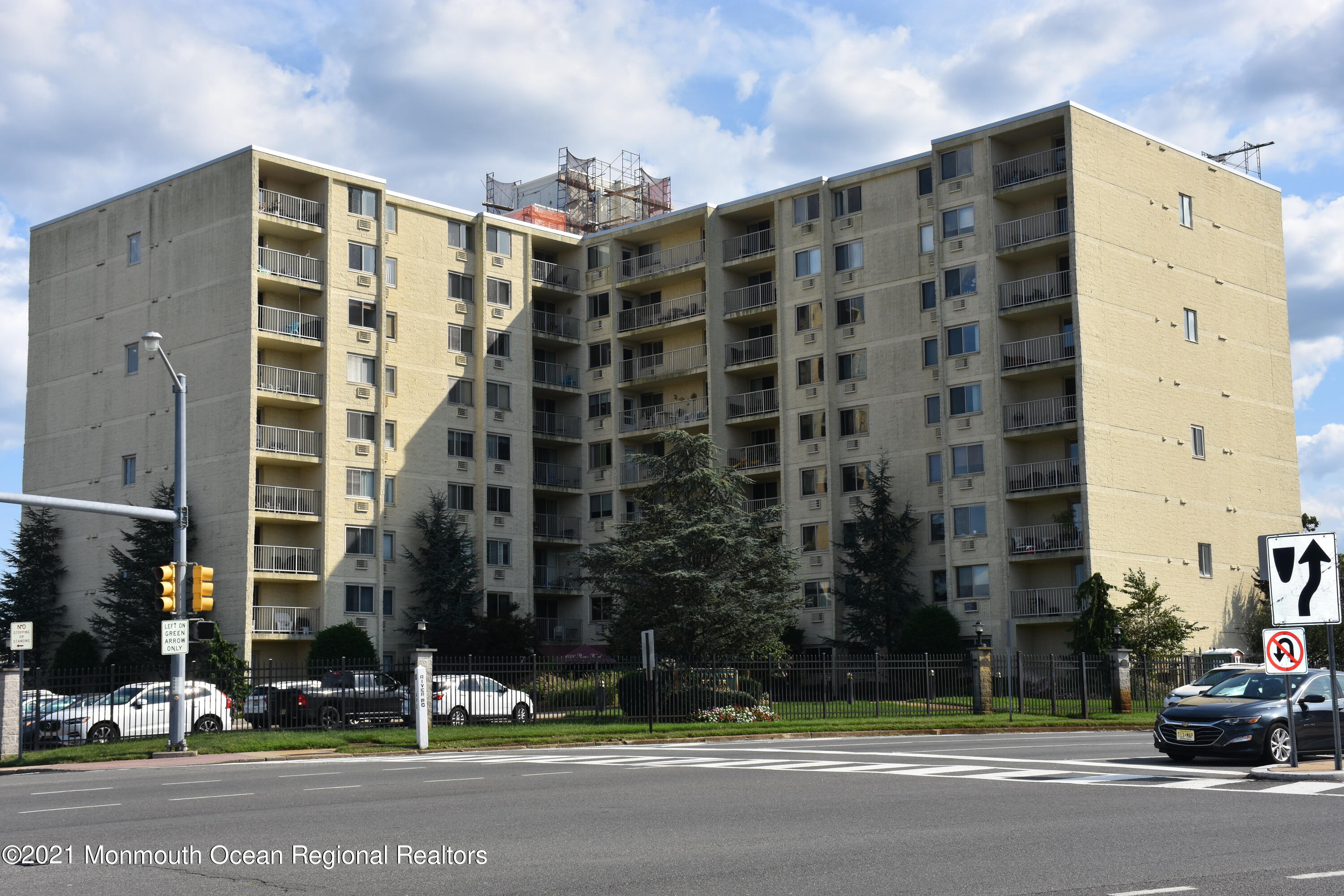 front view of a building with a street