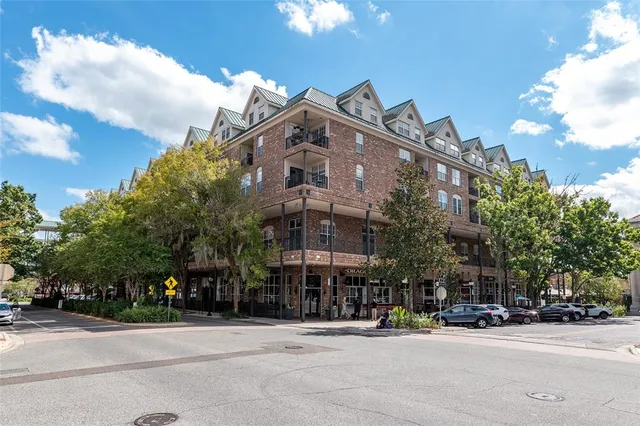a view of a building with a street