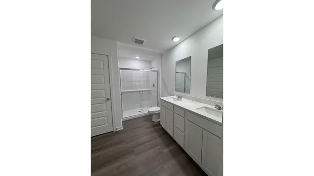 a bathroom with a sink a toilet and mirror