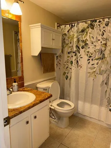 a bathroom with a granite countertop sink toilet and shower
