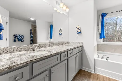 a bathroom with a bathtub and shower