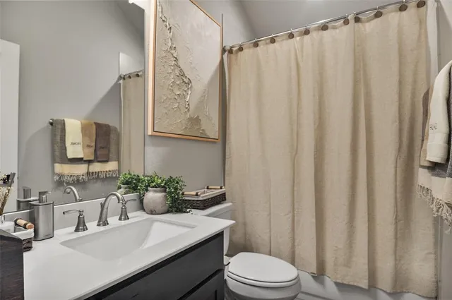 a bathroom with a sink a toilet and shower curtain