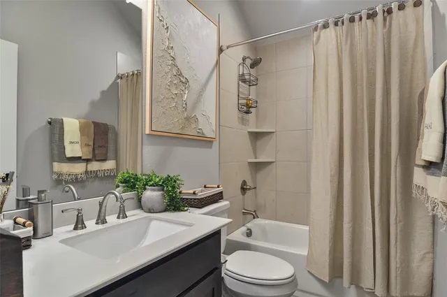 a bathroom with a sink a toilet and shower curtain