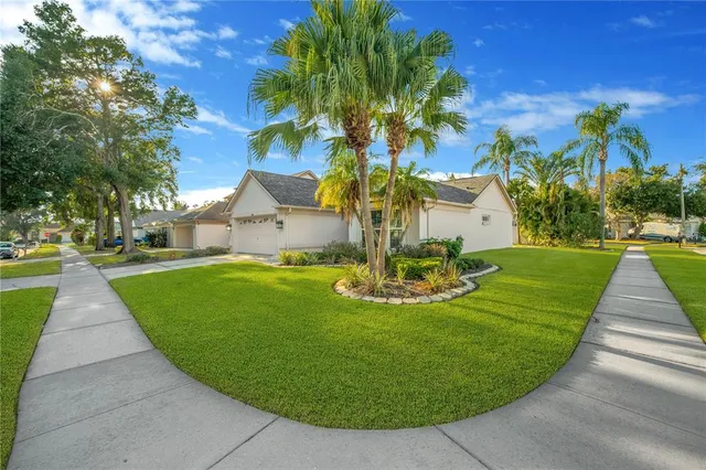 a view of a fountain with big yard